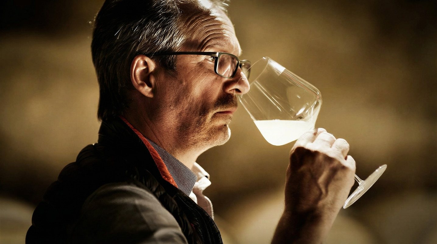 Master taster evaluating champagne
